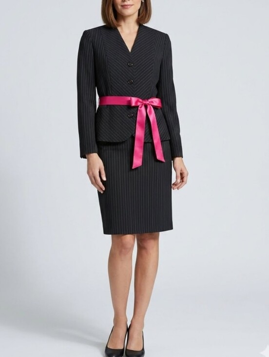 Sag Harbor Dresses & Skirts - Sag Harbor 2 Piece Pinstriped Career Blazer Skirt Set Contrasting Pink Belt Plus